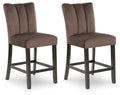 Mocha upholstered barstools set of 2 with tall padded backs and dark wooden legs