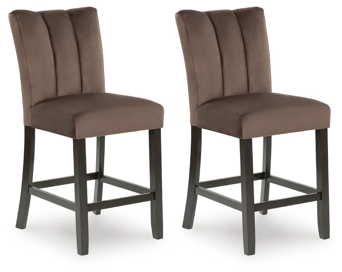Mocha upholstered barstools set of 2 with tall padded backs and dark wooden legs