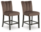 Mocha upholstered barstools set of 2 with tall padded backs and dark wooden legs