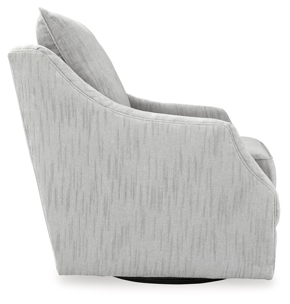 Light gray upholstered swivel accent chair from side view with tall back and arms.