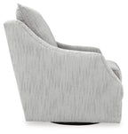 Light gray upholstered swivel accent chair from side view with tall back and arms.