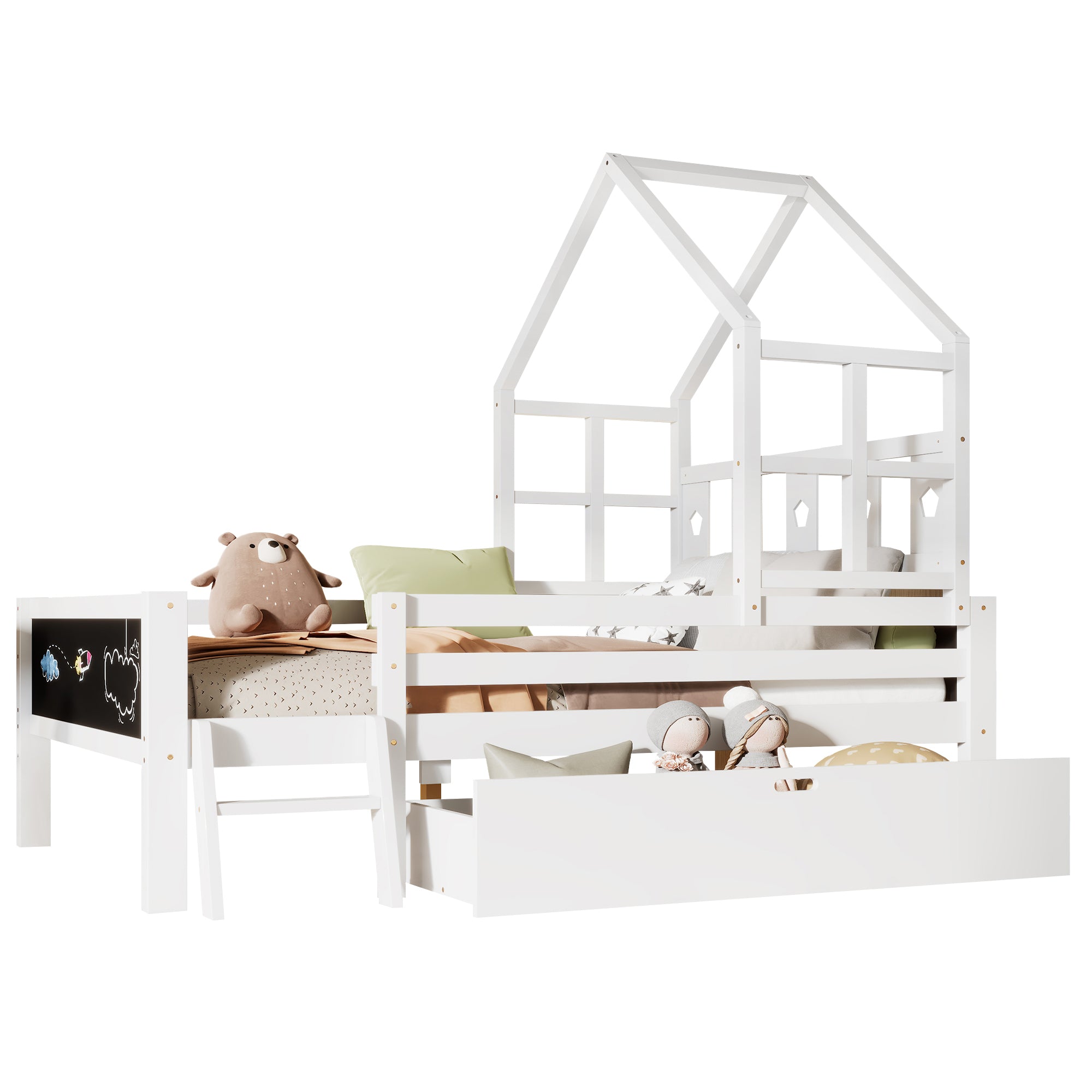 White Full Size Solid Wood House Bed with Ladder, Storage & Blackboard