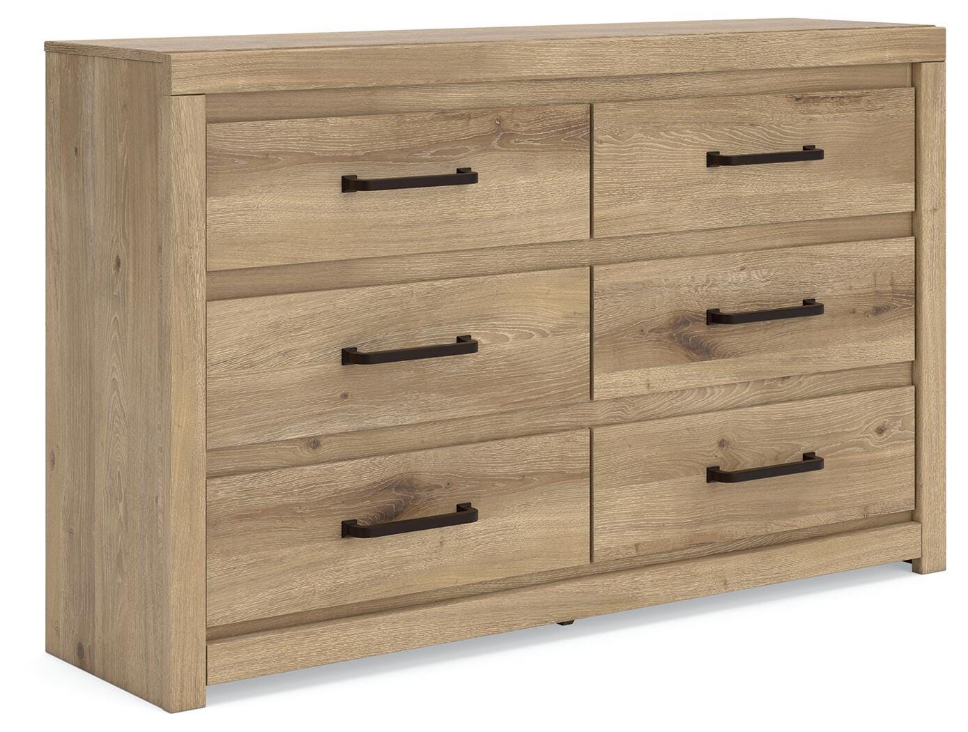 Light brown wooden dresser with six drawers and black bar pulls