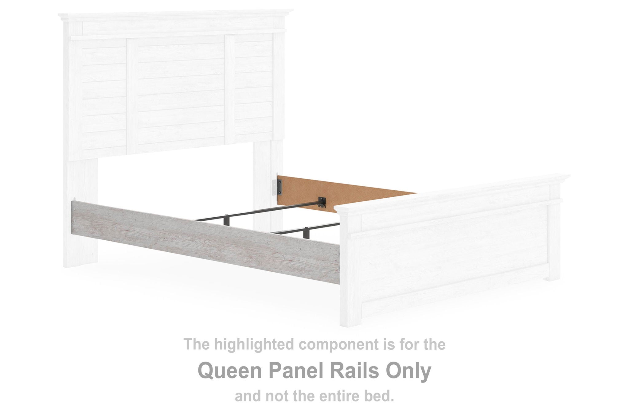 Whitewash queen panel rails with paneled ends and straight metal brackets