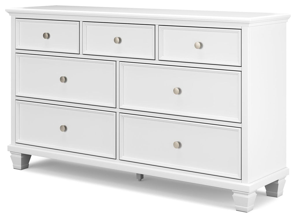 Fortman white dresser front view with eight drawers and round metal knobs