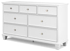 Fortman white dresser front view with eight drawers and round metal knobs