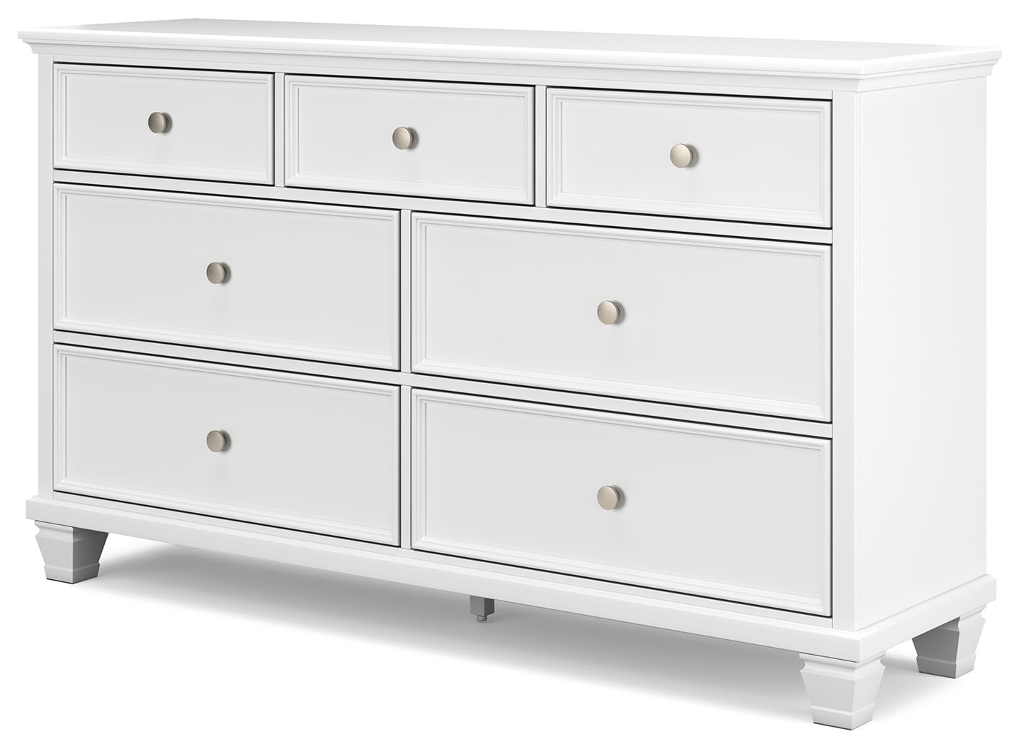 Fortman white dresser front view with eight drawers and round metal knobs