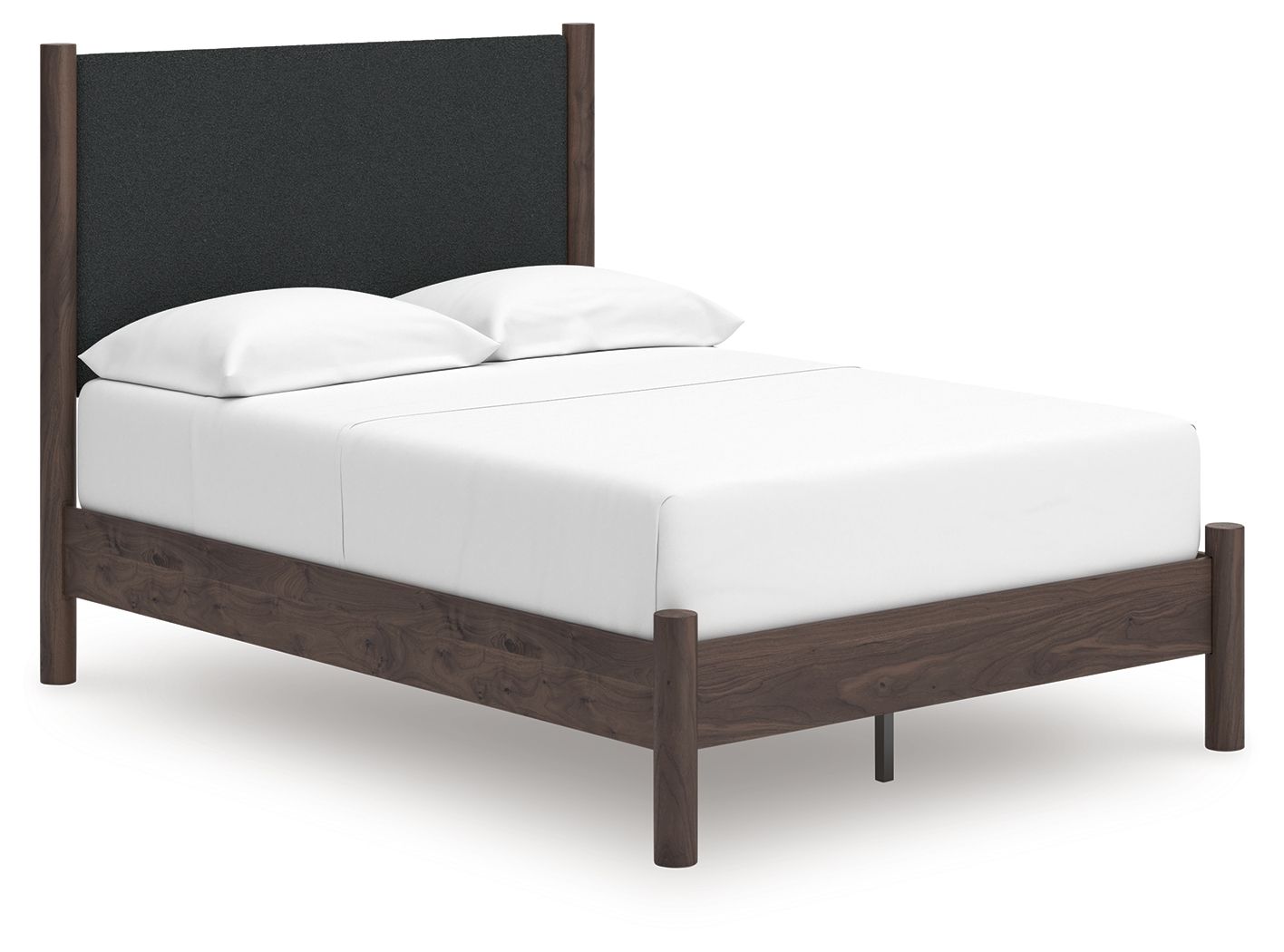 Dark brown upholstered panel platform bed with white mattress and two pillows
