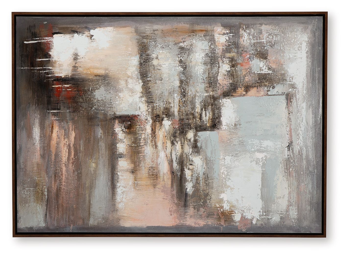 Abstract wall art painting in wooden frame with white, gray, and dark brown smears