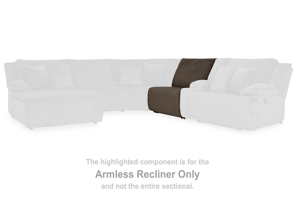 Chocolate armless recliner with ribbed upholstery and armless design, recline section.
