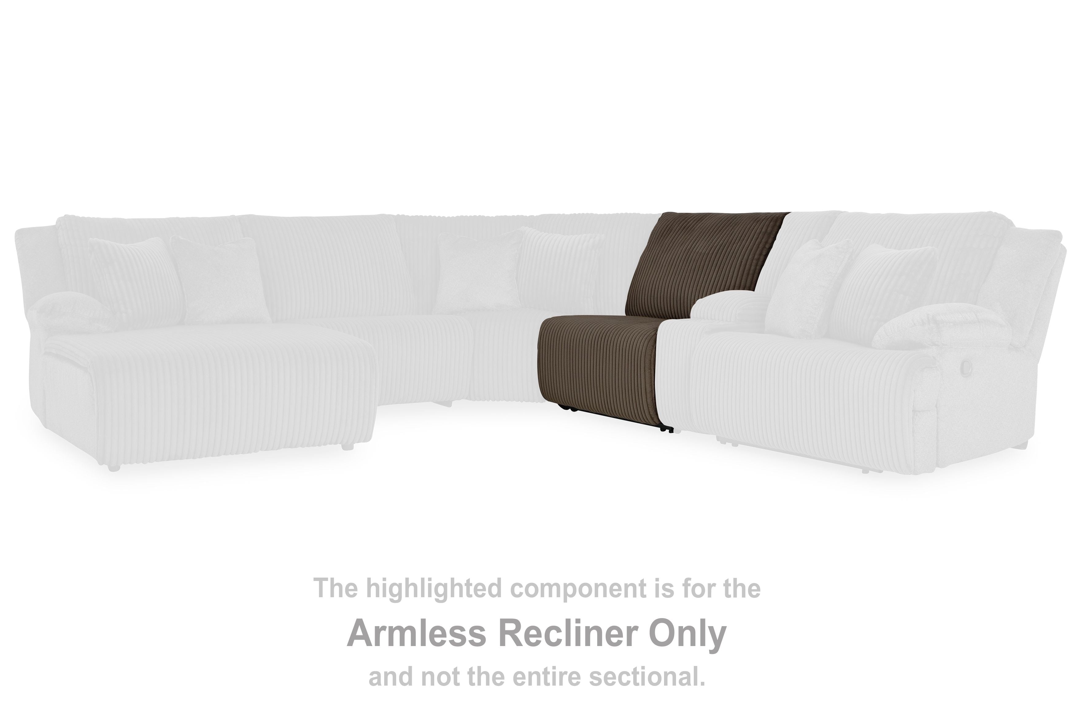 Chocolate armless recliner with ribbed upholstery and armless design, recline section.