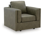 Olive green upholstered accent chair with wide track arms and tufted back cushions