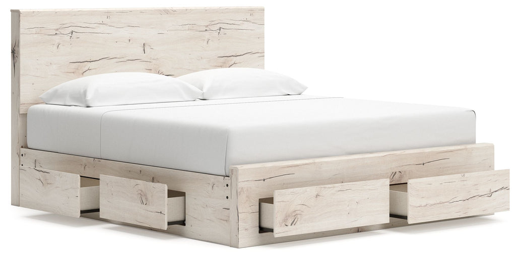 Panel bed with storage, white mattress, light wood frame with two underbed drawer openings