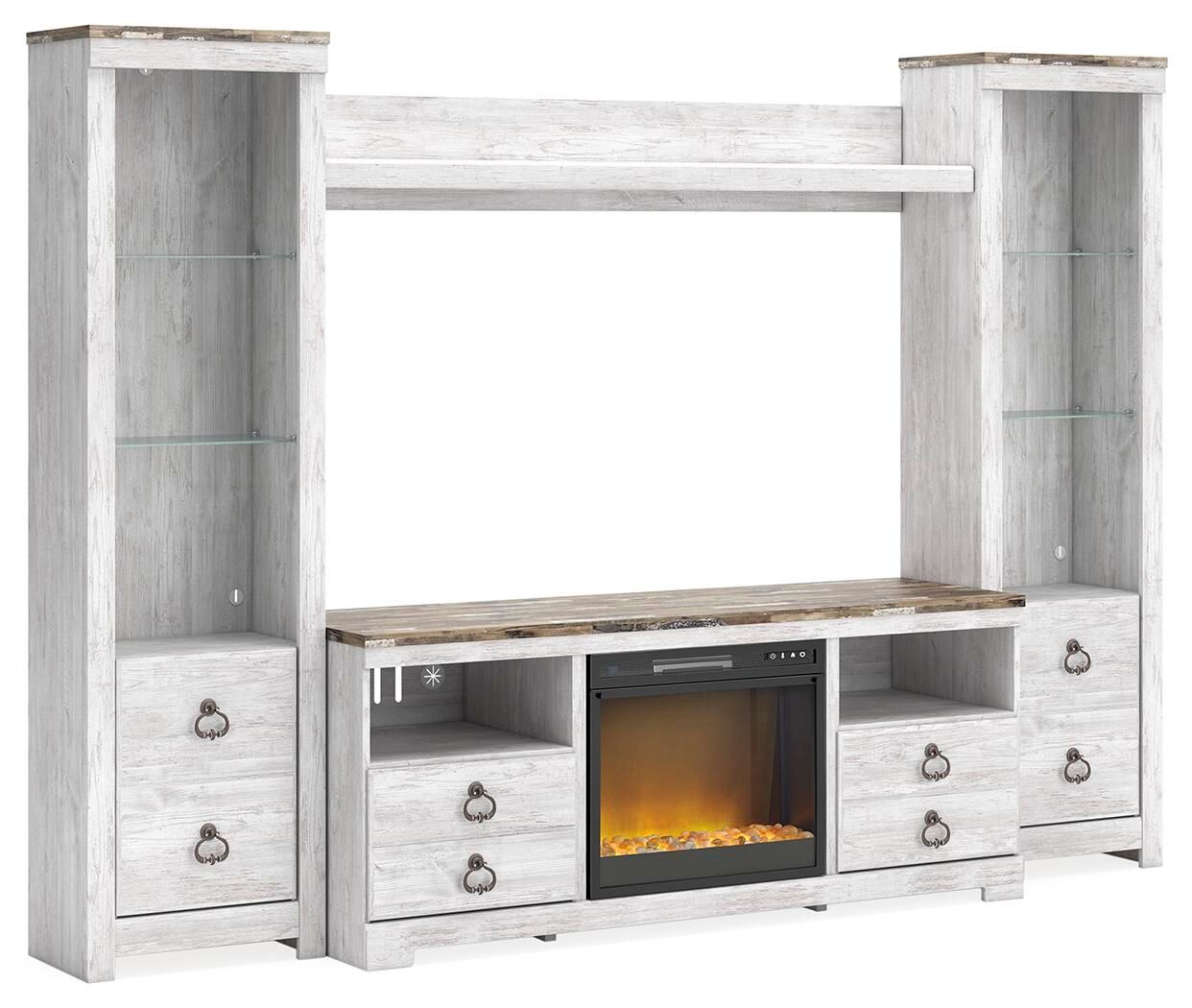 Light-colored wood entertainment center with open TV shelf and fireplace insert