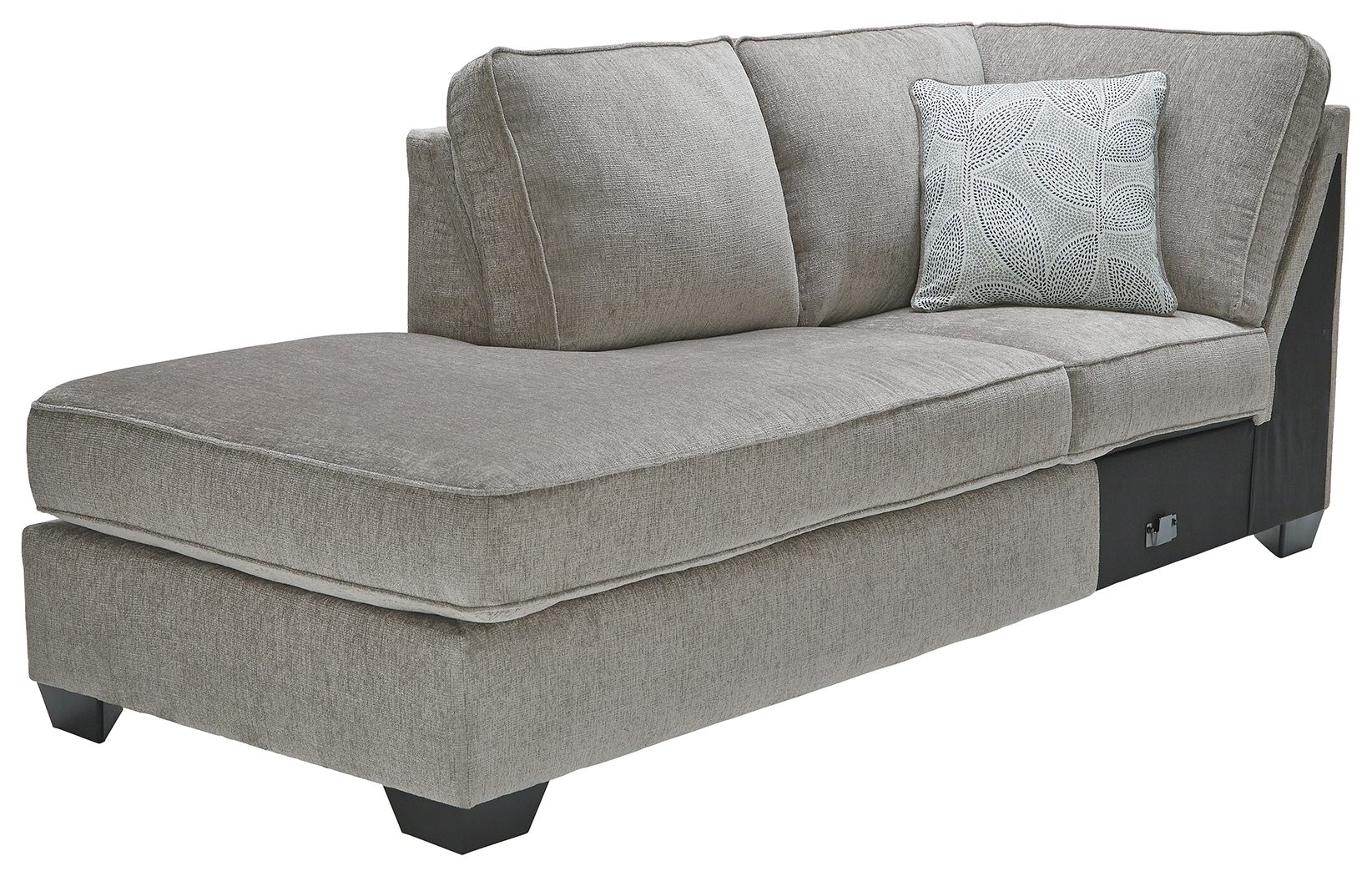 Gray corner chaise with upholstered arms, seat cushion, and patterned accent pillow