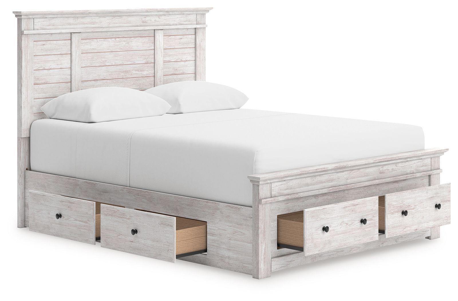 White panel storage bed with slatted base and two underbed drawers