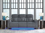 Steel gray power reclining sofa with blue light bar under the base