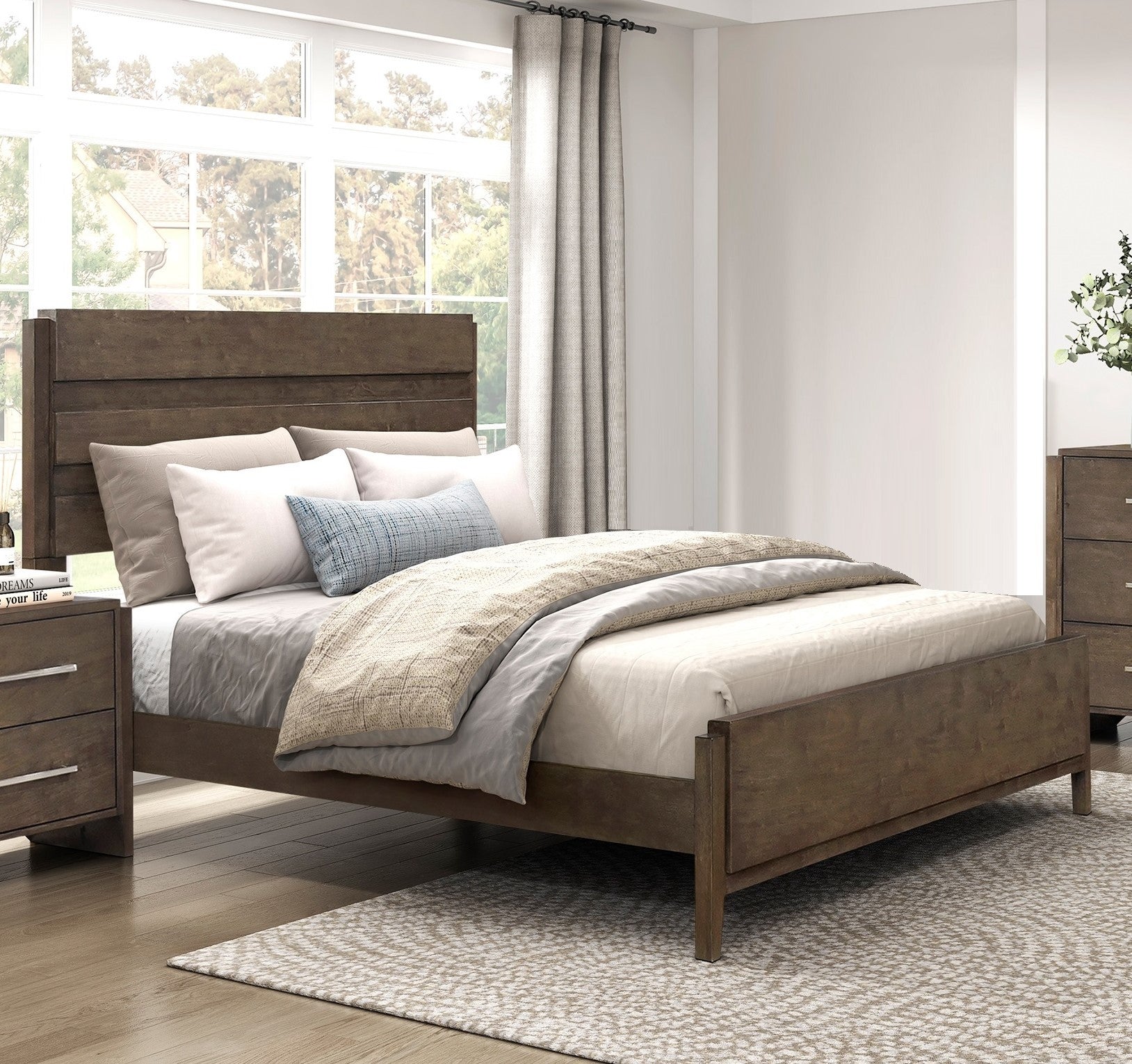 Classic Contemporary Dark Walnut Queen Panel Bed Solid Wood