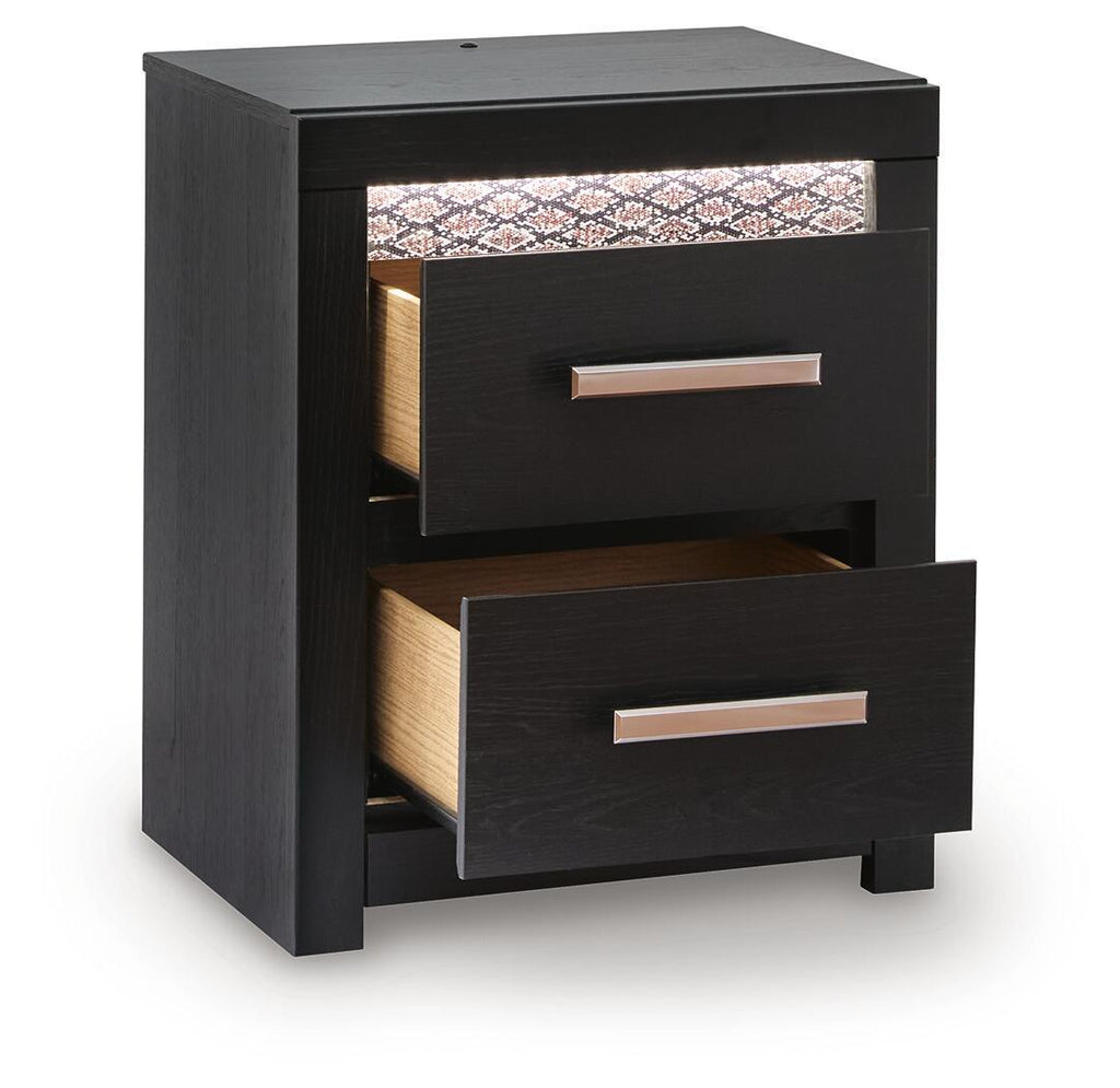 Black two-drawer nightstand with chrome bar pulls, both drawers open