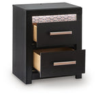 Black two-drawer nightstand with chrome bar pulls, both drawers open