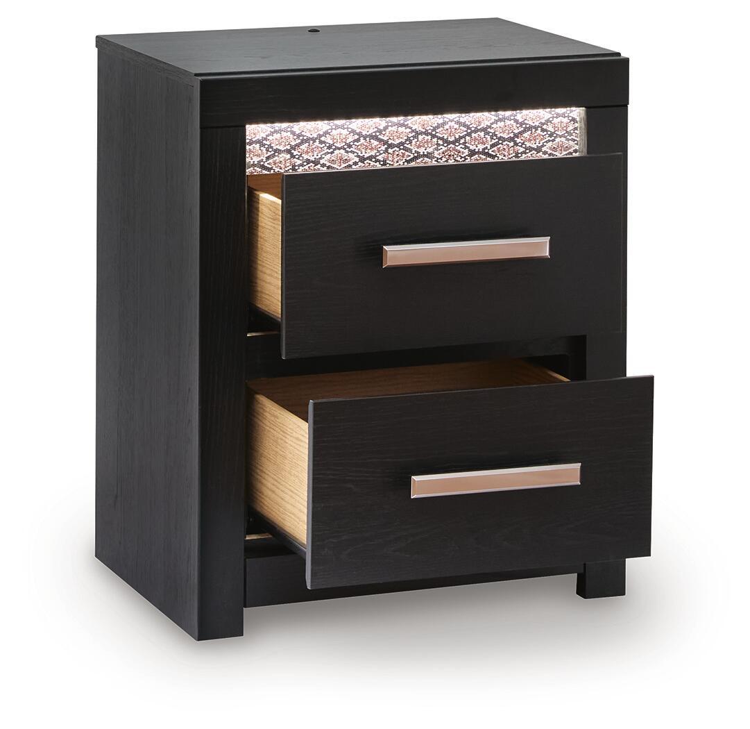 Black two-drawer nightstand with chrome bar pulls, both drawers open