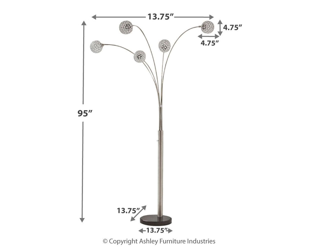Silver arc floor lamp size diagram, 95 in height, five globe light heads