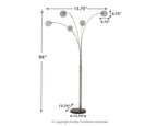 Silver arc floor lamp size diagram, 95 in height, five globe light heads