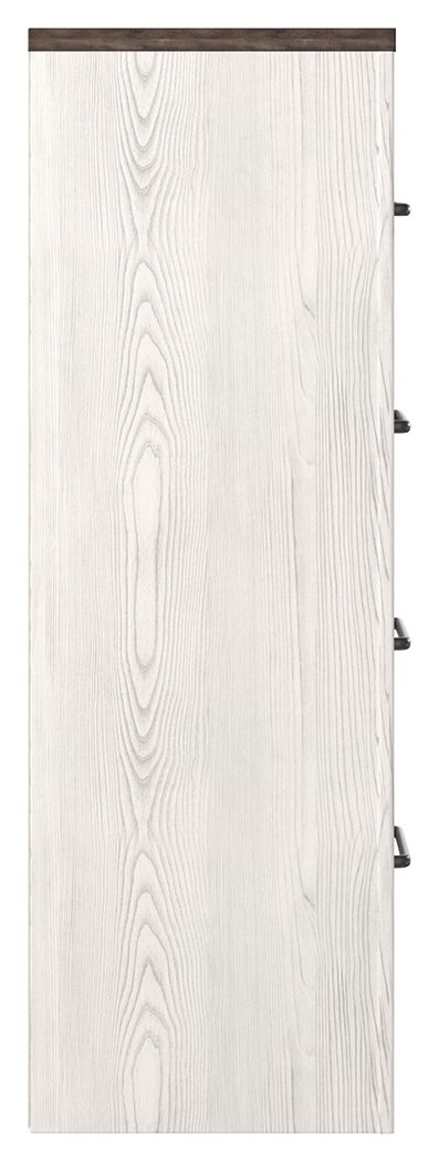 Four-drawer chest side panel in white wood with vertical grain texture.