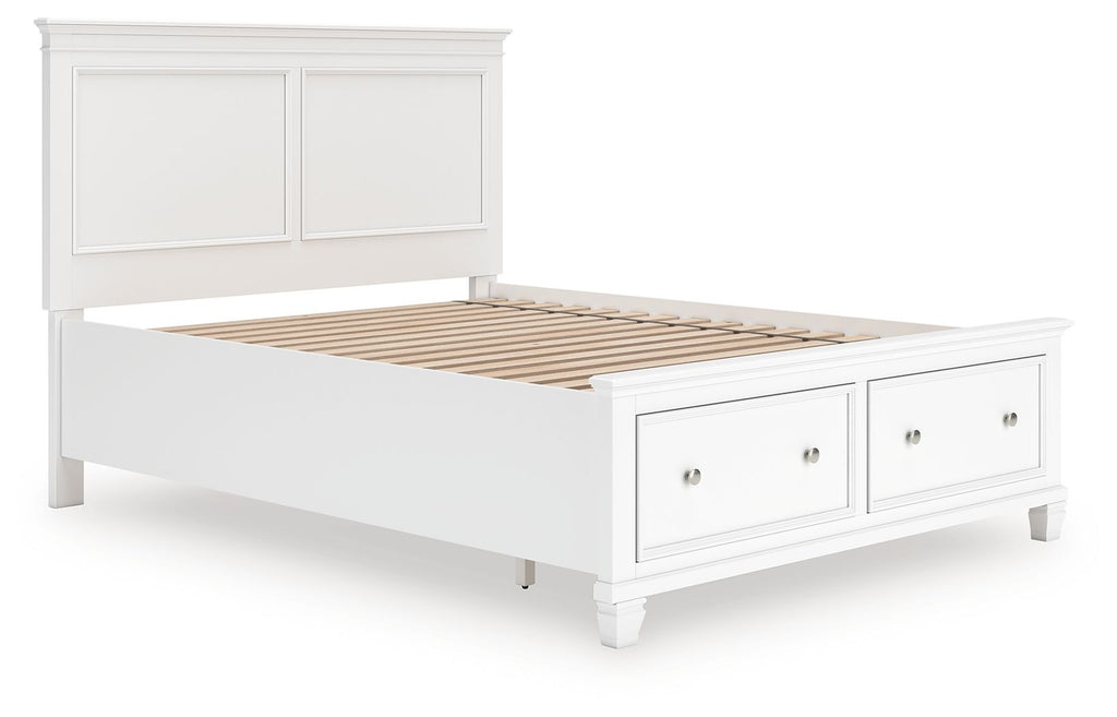 White panel bed frame with two drawer fronts and visible slatted base