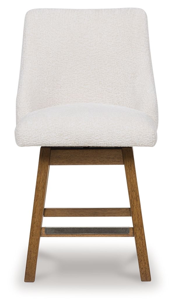 Upholstered barstool in oatmeal fabric with light brown wooden base