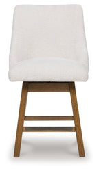 Upholstered barstool in oatmeal fabric with light brown wooden base