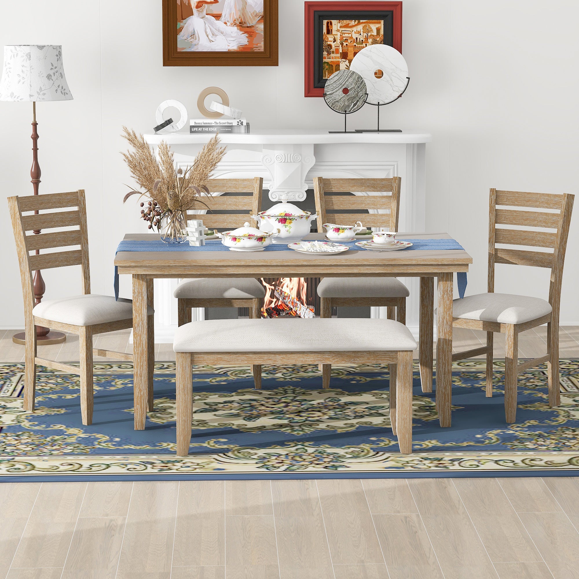 6-Piece Rustic Dining Set w/ Bench - Natural Wood