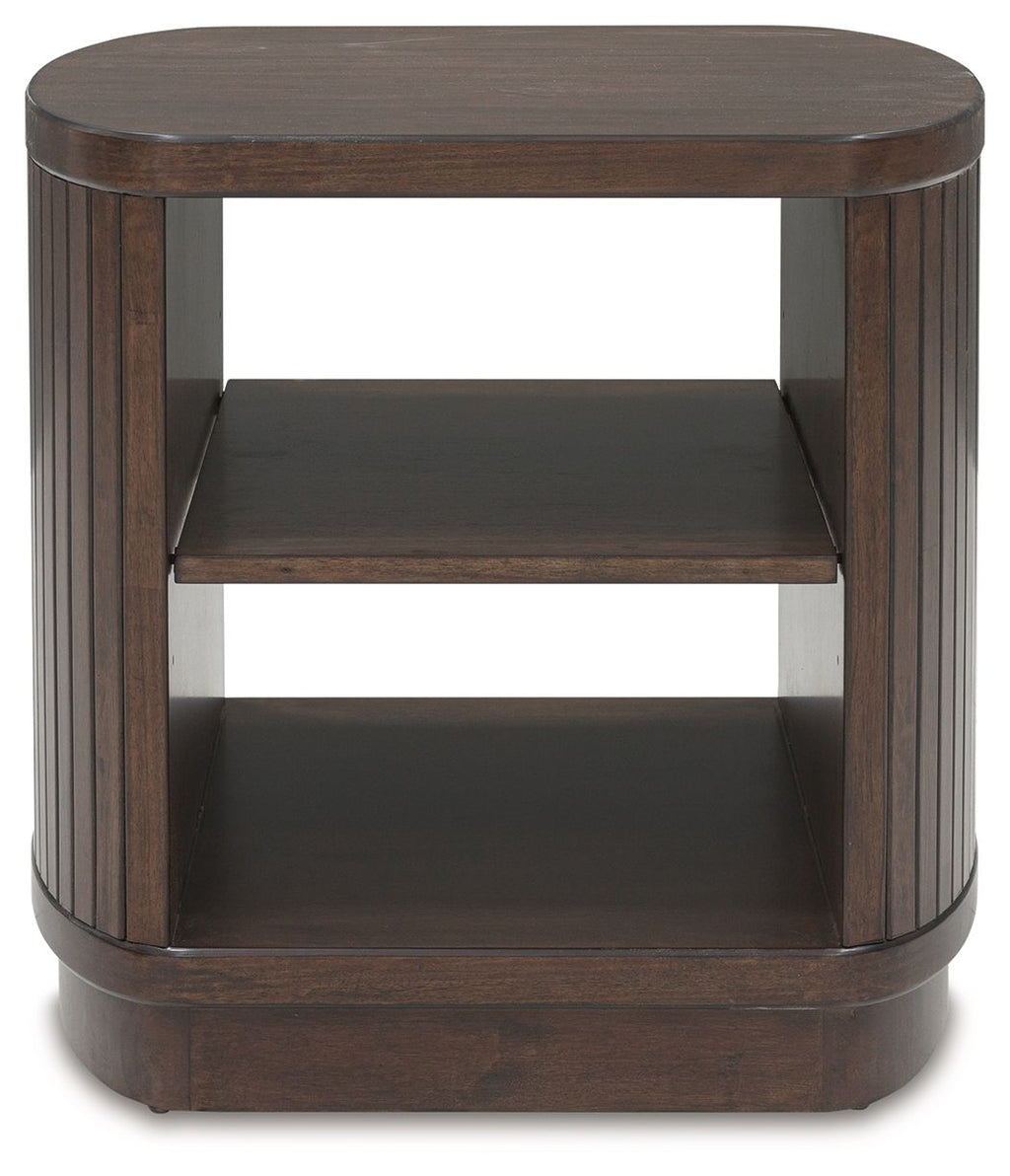Square end table with open front shelves, dark brown finish and rounded corners