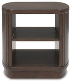 Square end table with open front shelves, dark brown finish and rounded corners