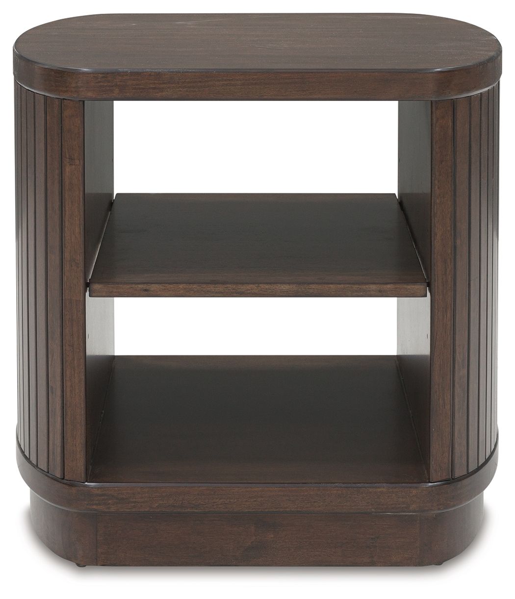 Square end table with open front shelves, dark brown finish and rounded corners