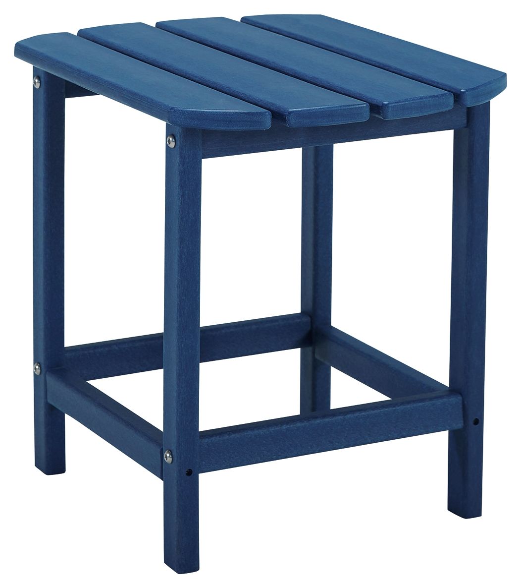 Navy blue outdoor end table with slatted top and open lower shelf