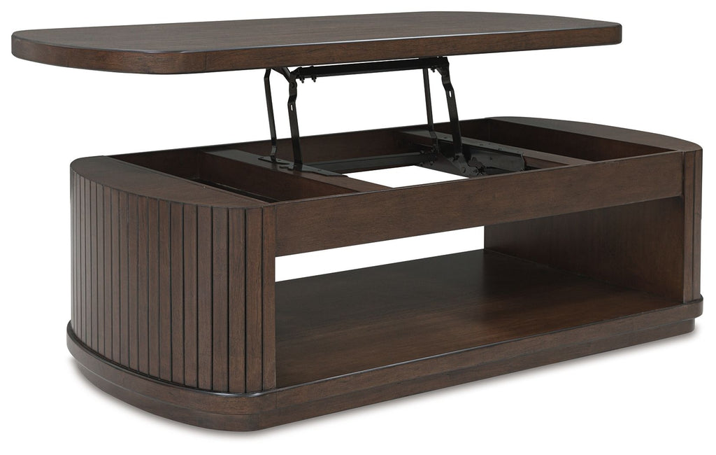 Lift-top cocktail table in dark brown with raised top revealing interior supports