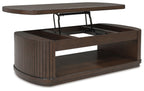 Lift-top cocktail table in dark brown with raised top revealing interior supports