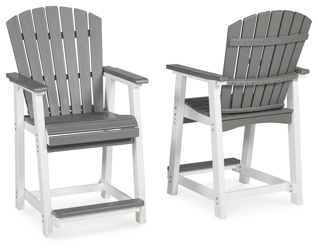Set of 2 gray slat-back barstools with armrests and gray padded seat; white frames