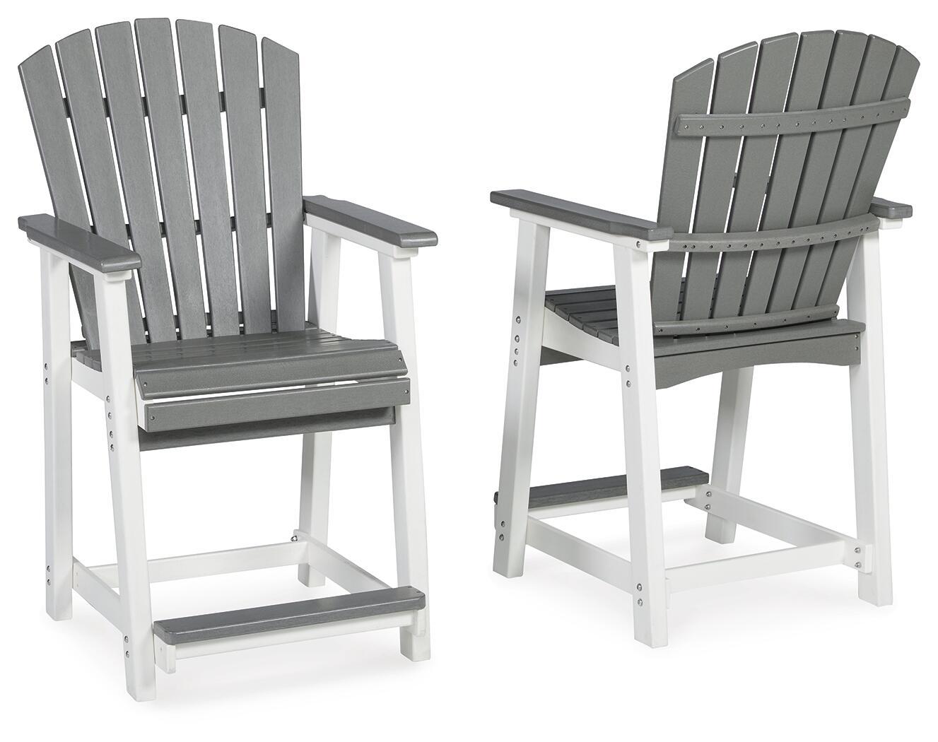Set of 2 gray slat-back barstools with armrests and gray padded seat; white frames
