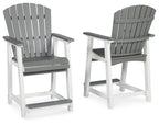 Set of 2 gray slat-back barstools with armrests and gray padded seat; white frames