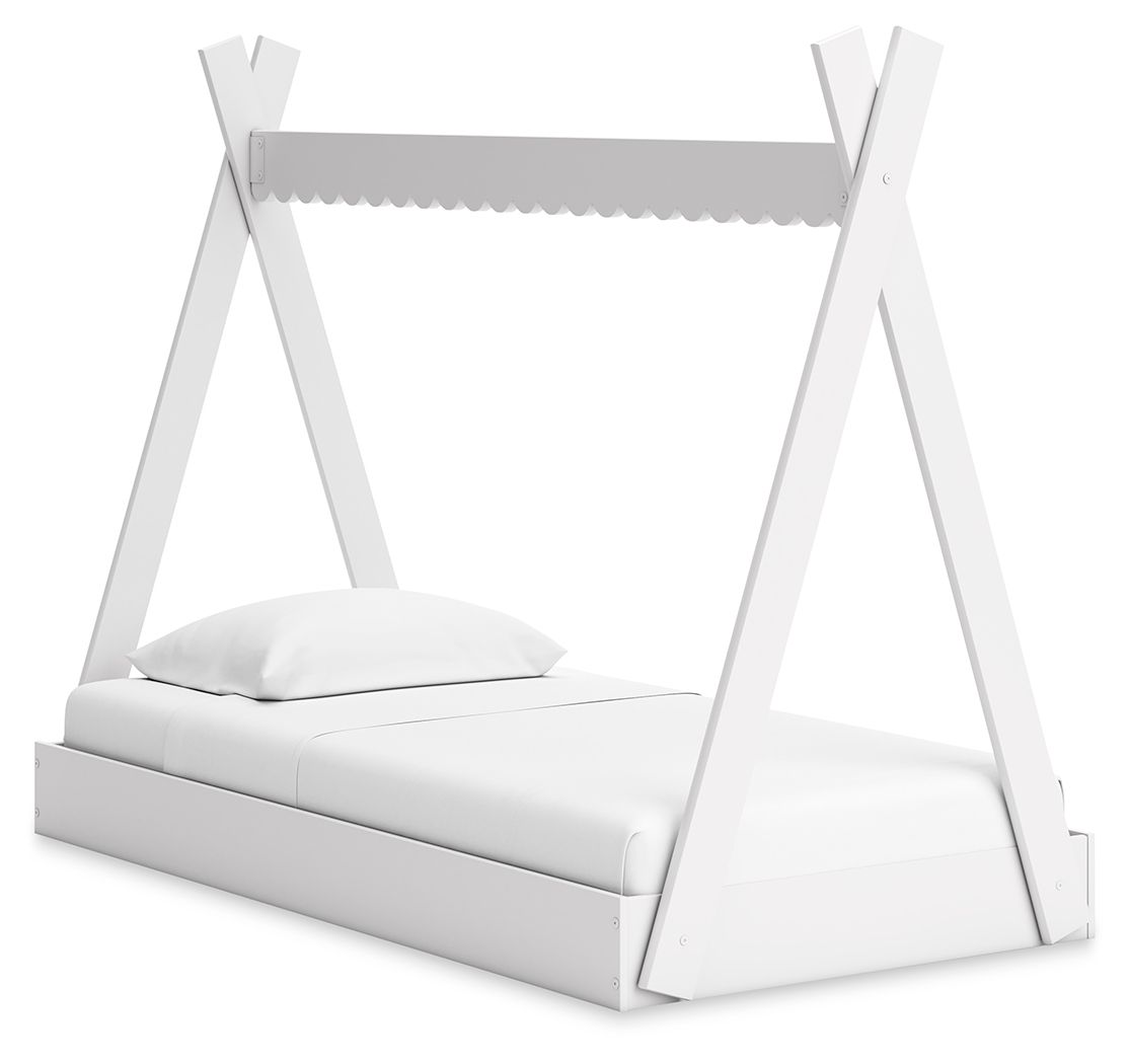 White tent bed frame with padded mattress and headboard, open side panel