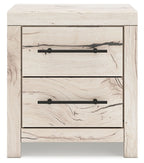 Light natural wood two-drawer night stand with black bar pulls