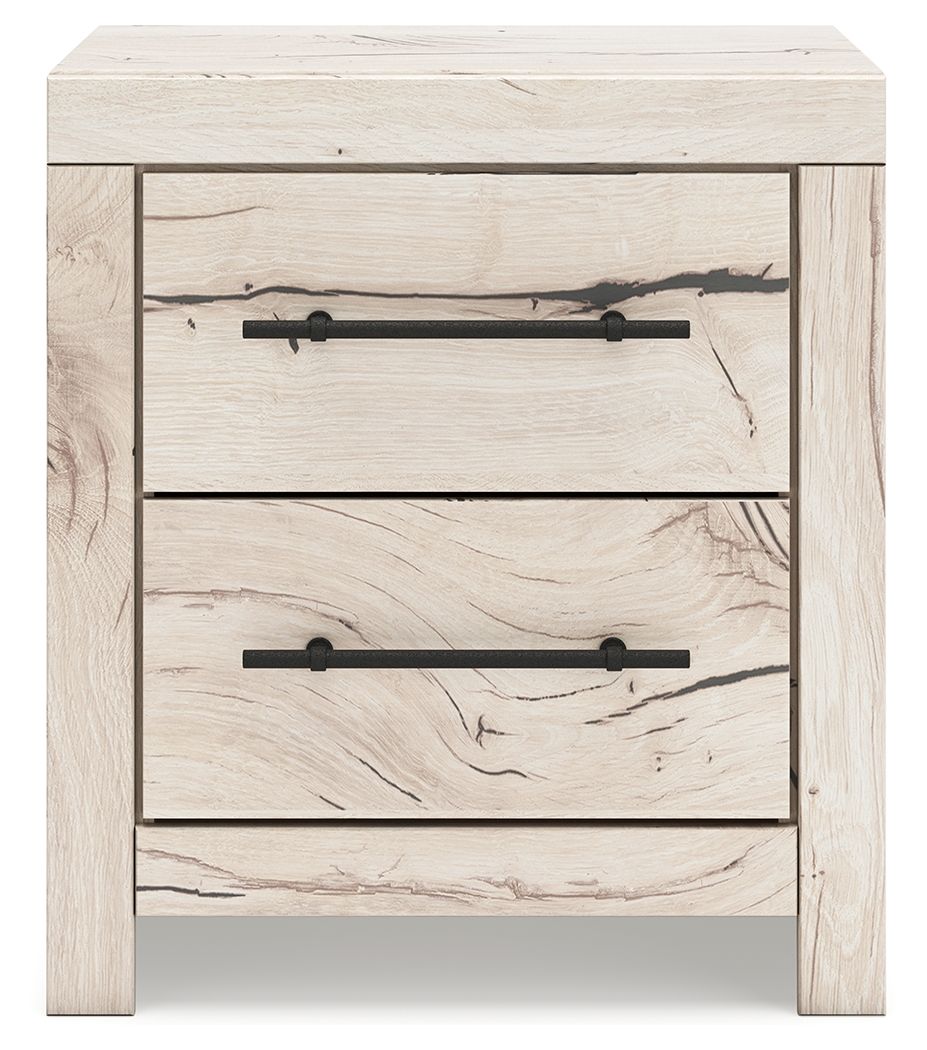 Light natural wood two-drawer night stand with black bar pulls