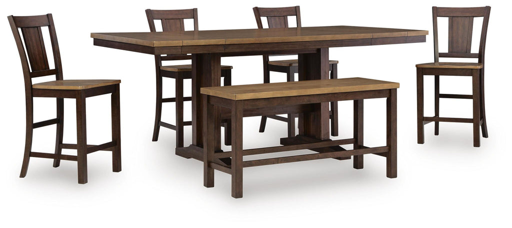 Rylandeen counter-height dining table set with bench and side stools, dark brown