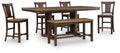 Rylandeen counter-height dining table set with bench and side stools, dark brown