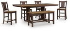 Rylandeen counter-height dining table set with bench and side stools, dark brown