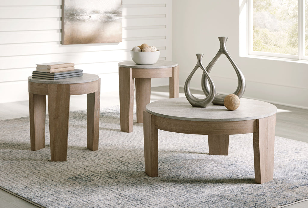 Round occasional table set of 3 with light brown legs and gray tabletops