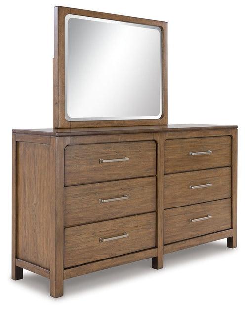 Light brown dresser with square beveled mirror and 6 drawers, metal bar pulls
