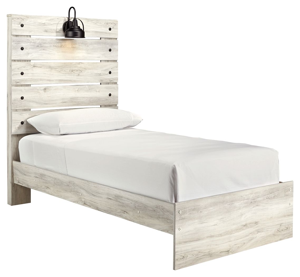 Cambeck panel bed, beige wood, slatted headboard, white mattress with pillow.